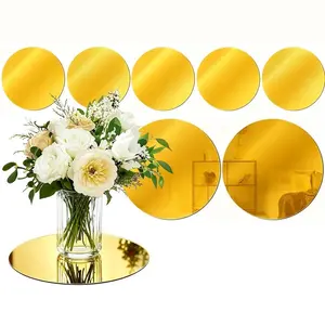 5pc, 25cm golden circular acrylic mirror set, acrylic mirror tray, candle tray, suitable for wedding table decoration, birthday party decoration, photo props, with anti slip pad