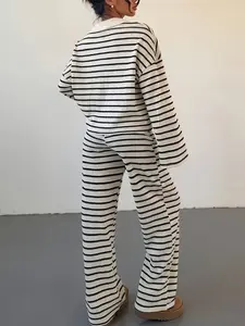 Striped Knit Set, Turn-Down Collar Long Sleeve Pullover, Straight-Leg Wide Leg Pants, Casual Simple Style, Urban Women's Two-Piece