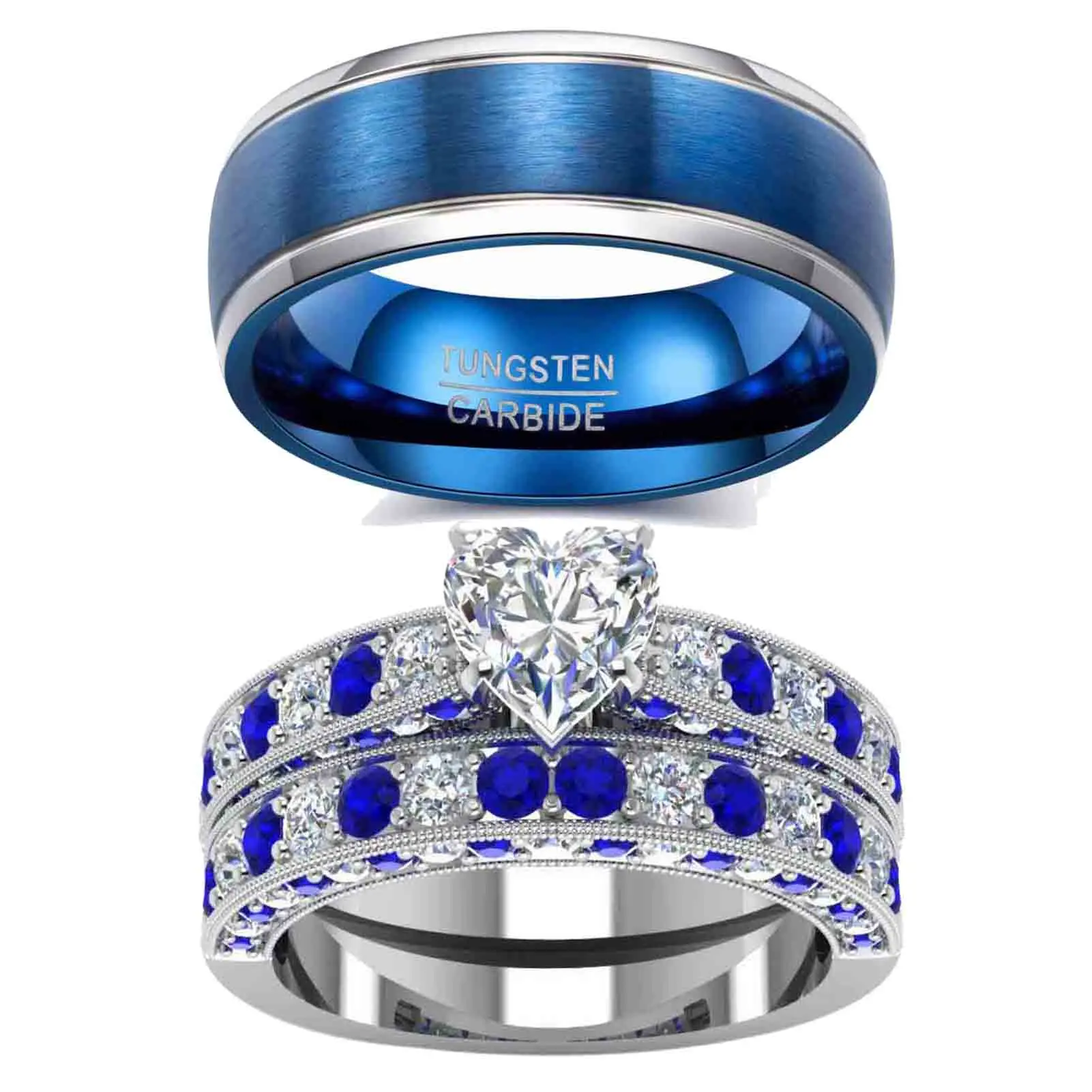 Ringcrown Couple Rings Matching Ring Heart 1ct CZ White Gold Plated 2pcs Women Wedding Ring Sets For Him And Her Ring Men Tungsten Steel Wedding Band