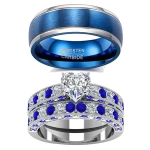 Ringcrown Couple Rings Matching Ring Heart 1ct CZ White Gold Plated 2pcs Women Wedding Ring Sets For Him And Her Ring Men Tungsten Steel Wedding Band