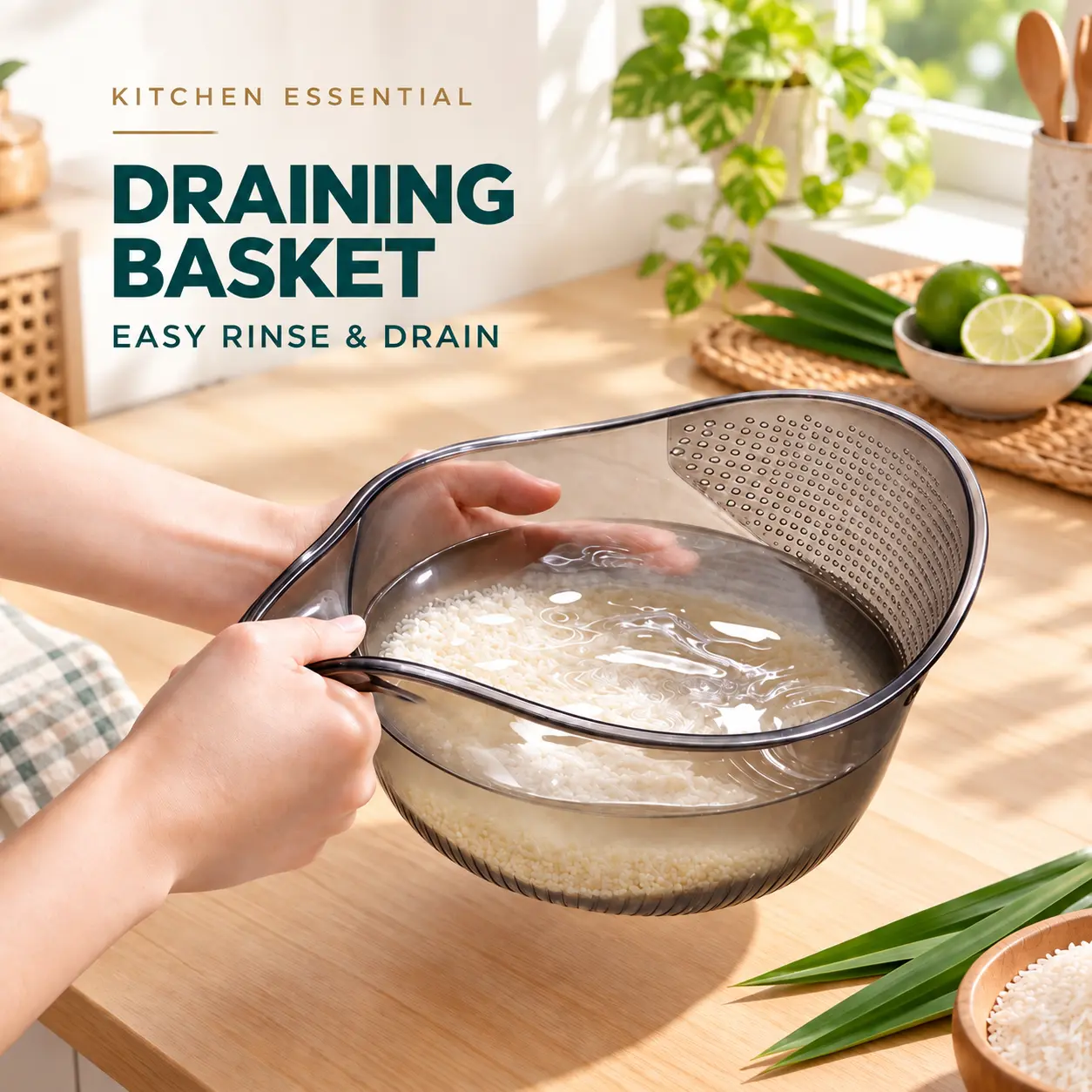 Aesthetic Multifunctional Rice Strainer Basket with Handle - Sturdy BPA-Free Transparent Plastic Kitchen Utensil, Colander for Draining Vegetables, Fruits