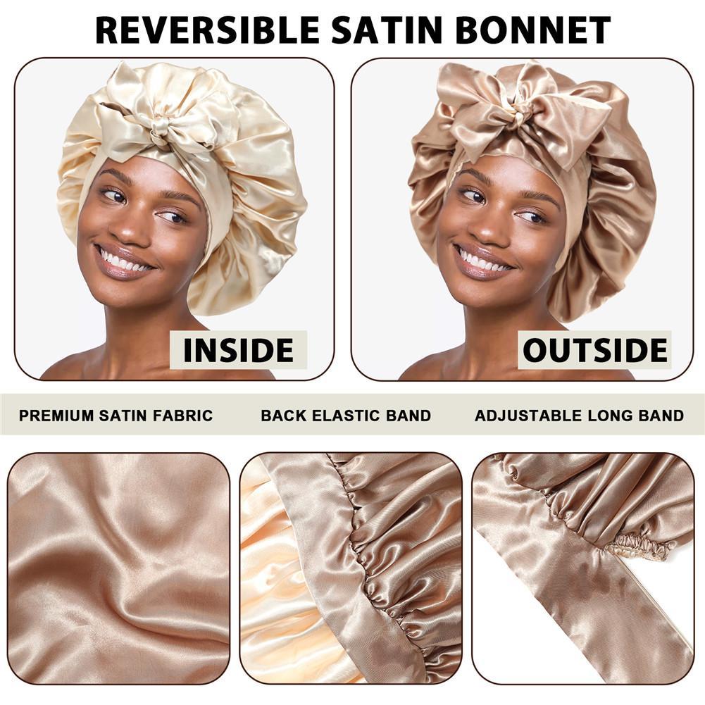 Double-Layer Coffee&champagne Satin Bonnet Sleep Cap for Women Curly Hair Wrap for Sleeping Cap Adjustable Reversible Bonnet with Tie Band Night Cap