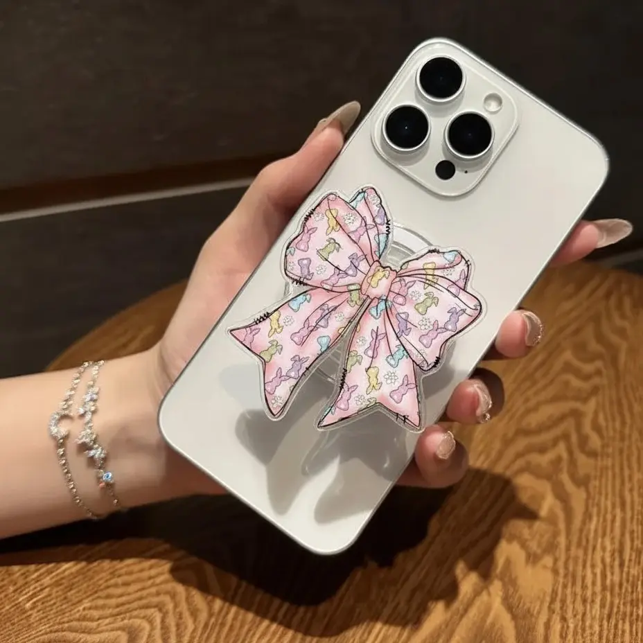 Pastel Pink Bunny Bow Magsafe Phone Grip, Kickstand for Hands-Free