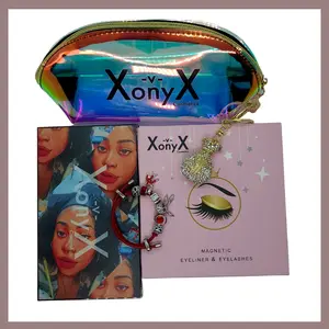 Holiday Boss Gyal Bundle incudes a 5 pair magnetic eyelash kit with 18 colors makeup eyeshadow palette, with a silver rhinestone money  bag keychain and a beautiful handmade charm bracelet.