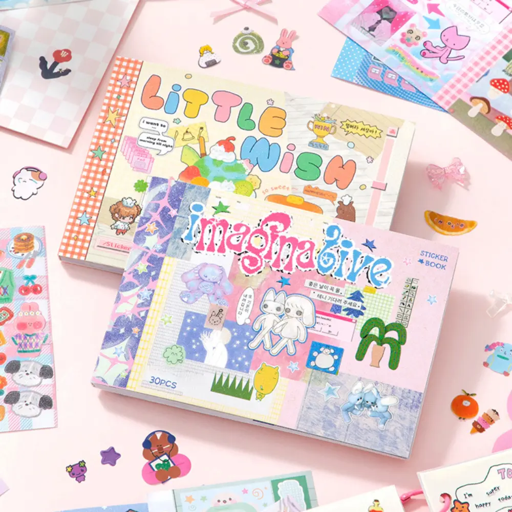 Minimalist Die-Cut Sticker Book, Paper Material, 2 Styles (1 Style with 30 Sheets), Cartoon/Food/Various Patterns, Peelable Japanese Versatile Labels, DIY Decor for Journal & Scrapbook Office Stationery