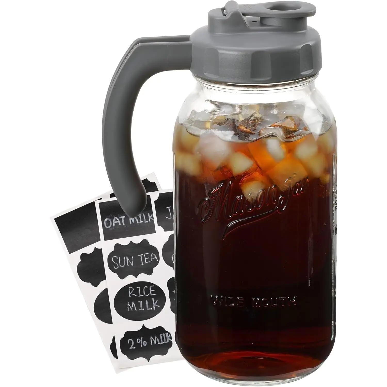 64 oz Glass Mason Jar Pitcher with Leakproof Wide-Mouth Flip-Cap Pour Spout & Airtight Handle Lid, 2 Qt/1.9 L Countertop Storage Containers, Airtight & Cold Brew Lid Storage Bottles & Jars for Iced Coffee, Canister, Home Supplies