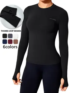 Women's Running Training Gym Workout Long Sleeve T-Shirt, Thumb Hole Yoga Tight Fit Sport Top, High Stretch Quick Dry Yoga Clothes, Fitness Running Tops