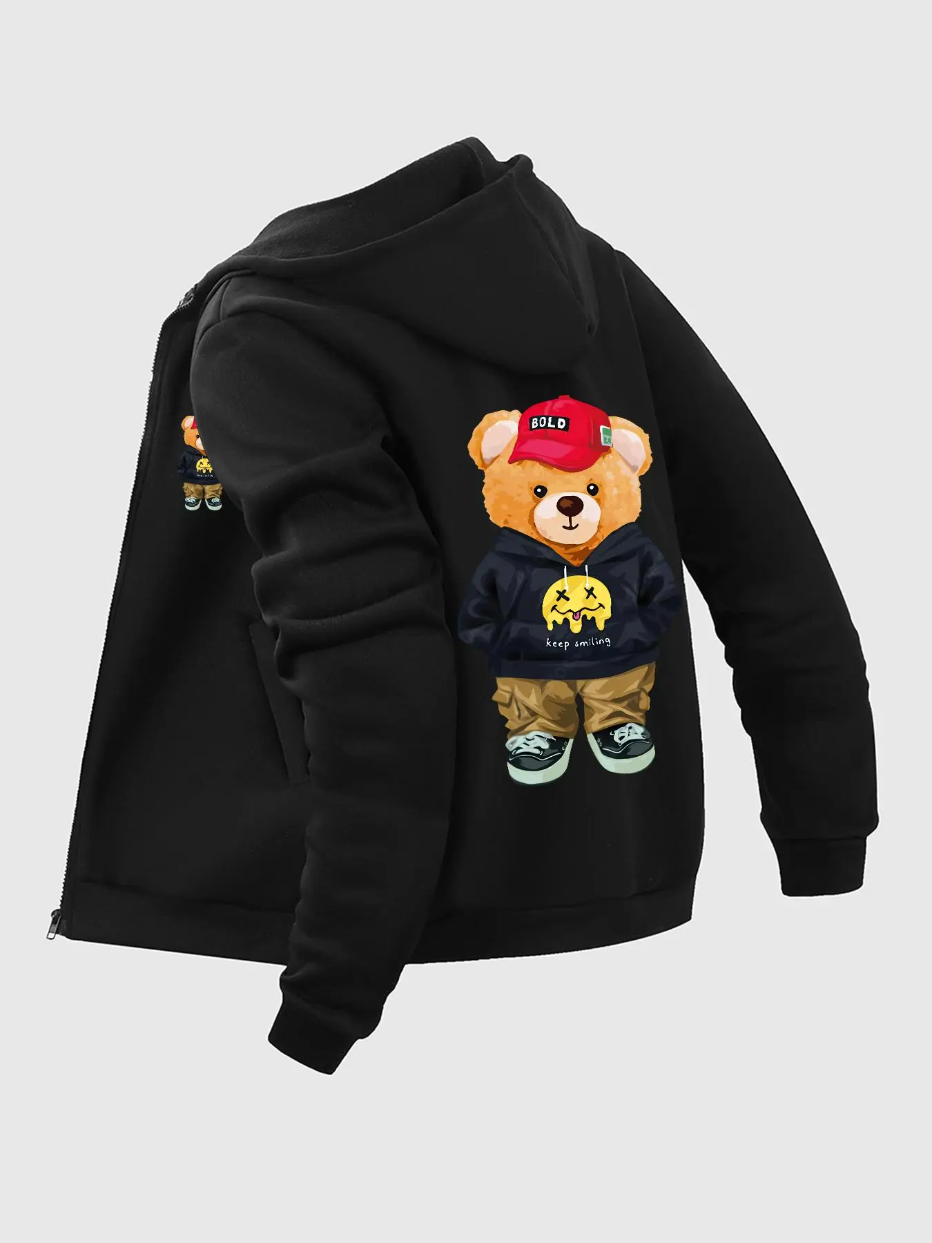 Men's Cartoon Bear Print Drawstring Hoodie, Long Sleeve Casual Fitted Regular Fit Pocket Zipper Hooded Sweatshirt for Fall & Winter, Men's Clothes for Daily Wear