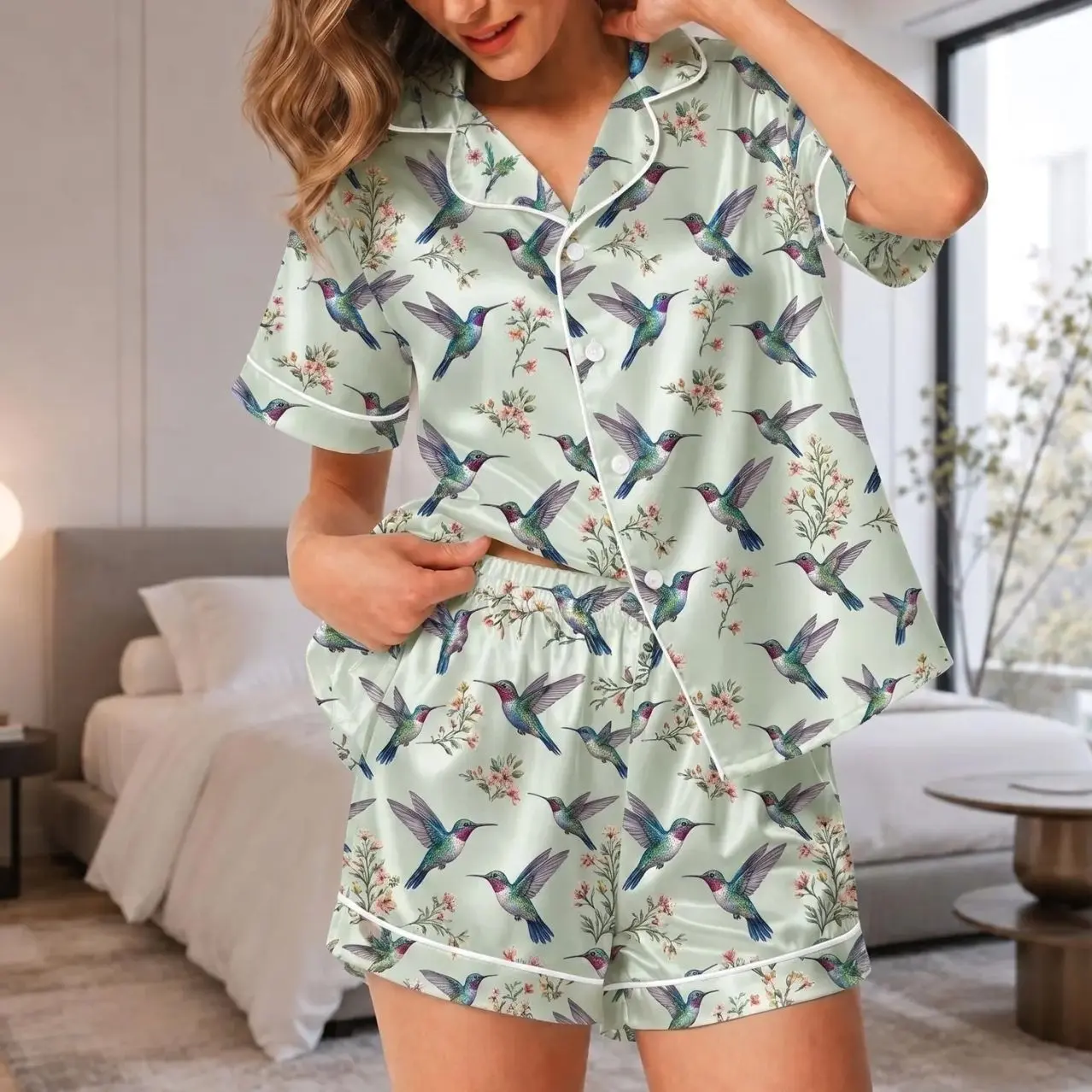 Hummingbird Short Satin Pajamas, Colorful Bird Silky Sleepwear, Nature Inspired Lounge Set, Gift for Her