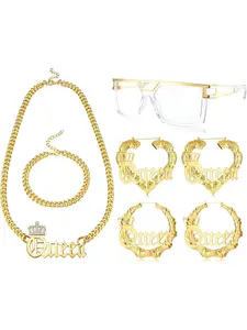 80s/90s Hip Hop Costume Kit Gold Chunky Cuban Chain Necklace Bracelet DJ Transparent Sunglasses Heart Rectangle Shaped Bamboo Earrings Rapper Accessories Trendy Jewelry Set for Women Men