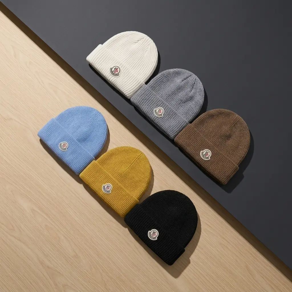 Moncler Felt Logo Patch Ribbed Knit Beanie Multi-Color Variant Grid | Cozy Warm Winter Skull Cap | Unisex Streetwear Cold Weather Outerwear
