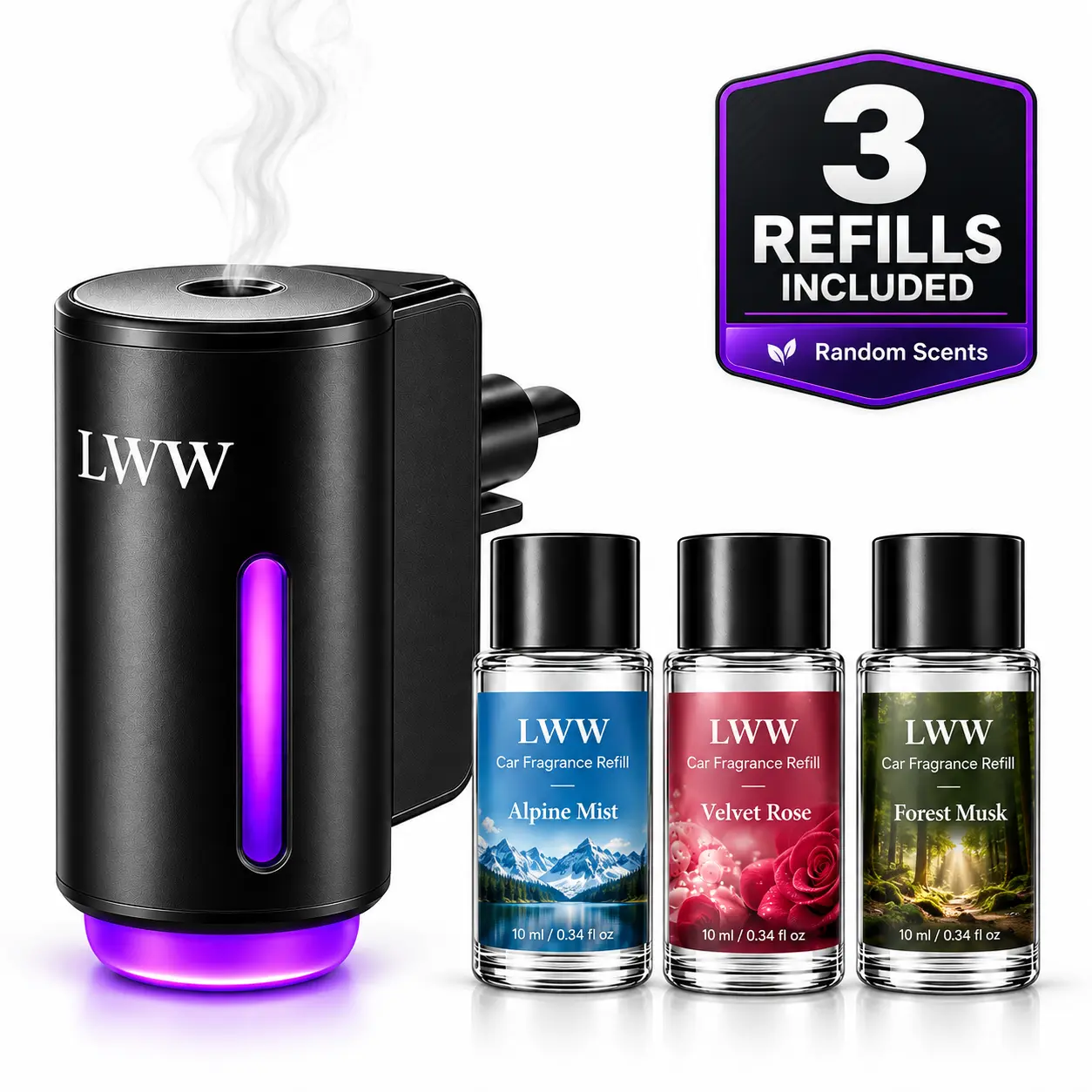 LWW Portable Car Essential Oil Diffuser - Auto-Off, Long-Lasting Aroma Keeps Space Fresh, Set of 3 Premium French Oils Included, Car Interior Accessory, Essential Oil Diffuser For Car, Car Smell Products