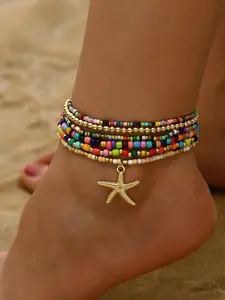 6PCS Bohemian Style Star and Bead Ankle Bracelet, Fashionable Jewelry for Women and Girls, Party and Daily Wear, Birthday Gift