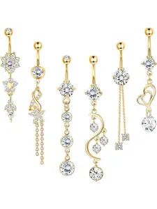 6Pcs Belly Button Bar for Women 14G Dangle Belly Bar 316L Surgical Steel CZ Navel Barbell Body Piercing Jewelry 10mm