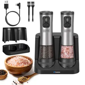 Azdele Electric Salt And Pepper Grinder Set, 2-Speed Setting, Stainless Steel Rechargeable Automatic Pepper Mill Shakers with USB Charging Base, 3.38oz Large Capacity, External Adjustable Coarseness, LED Light