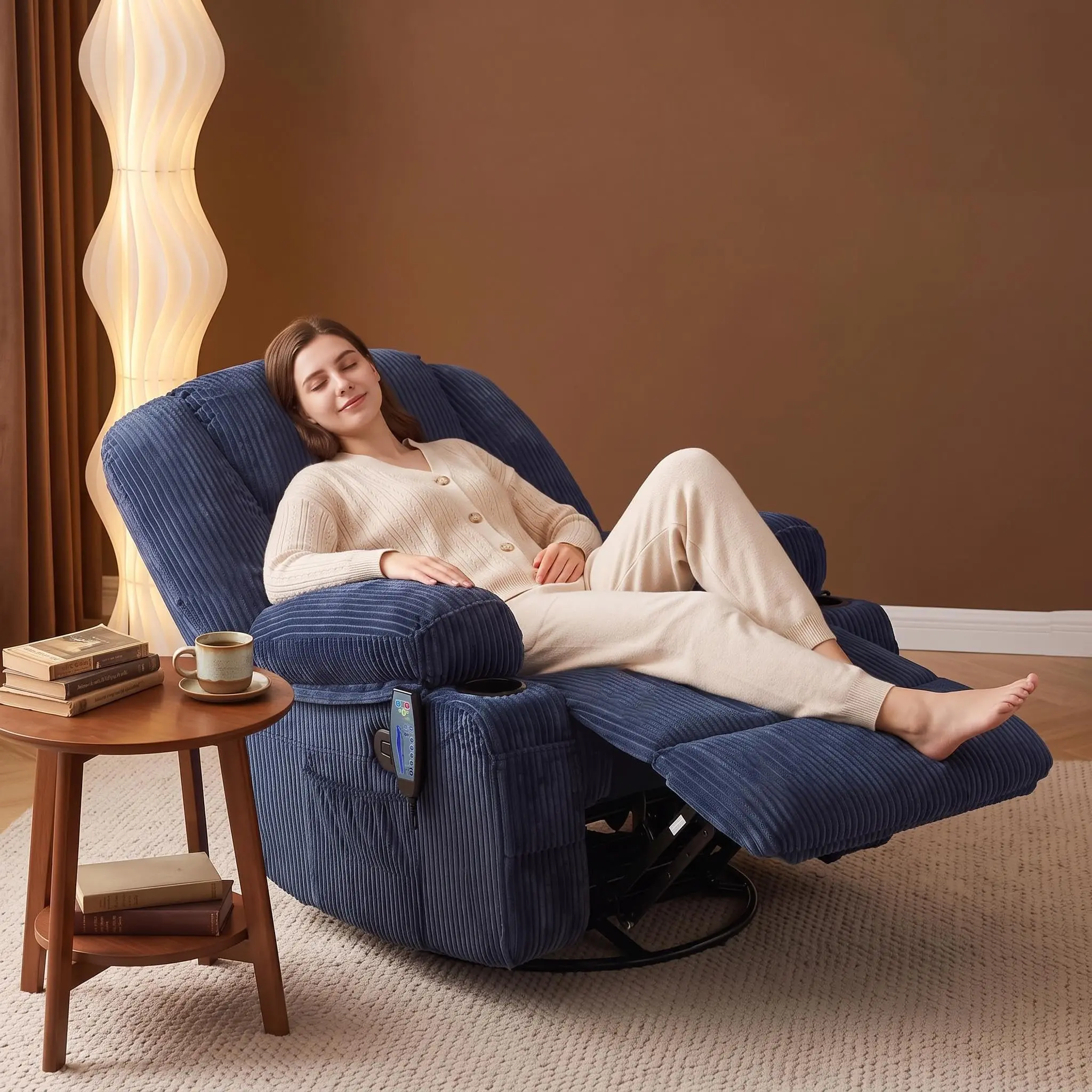 Garvee Oversized 360° Swivel Rocker Glider Recliner Chair for Adults - Extra Wide Manual Recline - Vibration Massage & Heat - Cup Holder + Side Storage - Light Cream