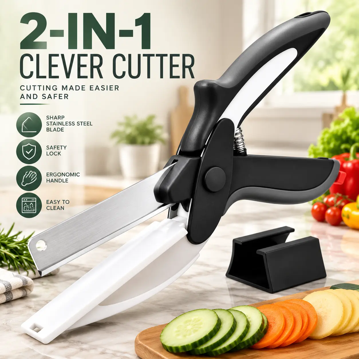 2-in-1 Clever Cutter Food Scissors with Built-In Cutting Board, 9.6" Stainless Steel Kitchen Shears with Safety Lock, Detachable Blade for Vegetables, Fruits & Meat, Meal Prep Gadget