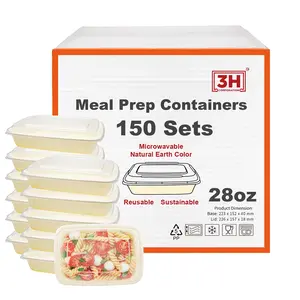 28oz Disposable Plastic Meal Prep Containers with Lids - 150 Pack Bulk Set (300 Pieces), Natural Beige Disposable Tableware for Home & Party Supplies