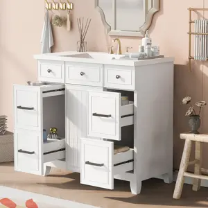 white 25 cupboards & cabinets 36" Bathroom Vanity Cabinet with Sink Top Combo Set,White,Single Sink,Shaker Cabinet with Soft Closing Door and Drawer