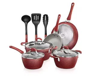 NutriChef 11 Piece Nonstick Ceramic Cooking Kitchen Cookware Pots & Pan Set, Red