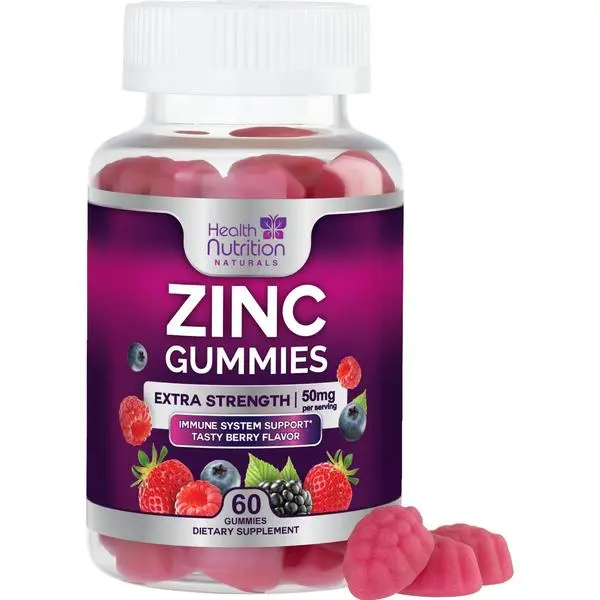 Zinc Gummies 50mg per Serving - Extra Strength Immune Support Antioxidant Gummy, Non-GMO & Gluten Free - Best Zinc Supplement for Skin Bone & Heart Health - Chewable Tasty Berry Flavor - 60 Gummies