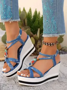 Summer New Denim Blue Beaded Decorative Wedge Sandals, Bohemian Style Open Toe Thick Sole Heeled Women's Shoes, Fashionable Footwear