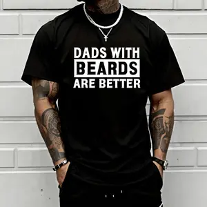 Men’s “Dads With Beards Are Better” graphic T-shirt featuring bold white text print, made from a soft cotton blend—perfect for beard dads, Father’s Day, and casual everyday outfits in a dad style.