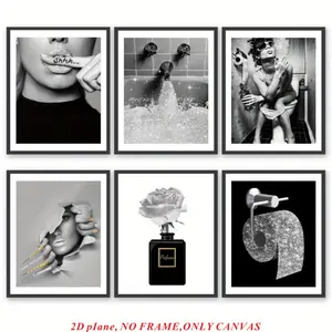 6-Piece Set Frameless , Trendy Modern Abstract Design Wall Art Bathroom Decor , Black-White-Gray Glitter Canvas Poster , Canvas Prints , Bathroom Art Wall Hanging , Modern Feminine Frameless Bathroom Art , Home Decor, 2D Flat