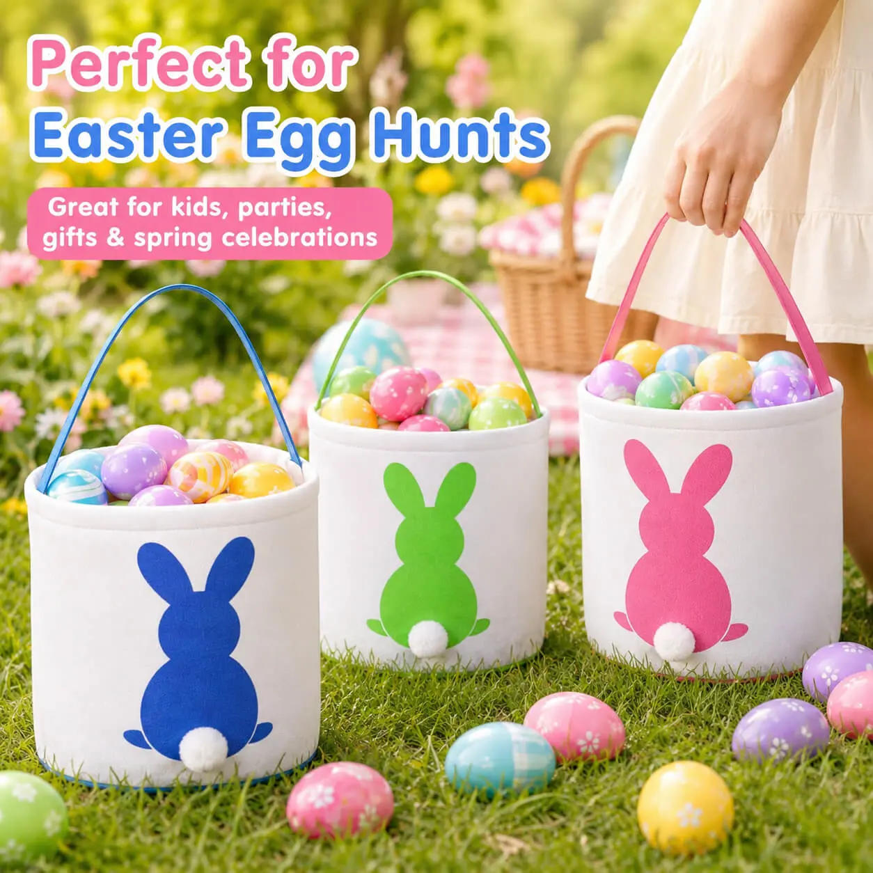 Unisex 3-Pack 10" Reusable Fabric Easter Bunny Baskets for Kids - Fluffy Tail Party Decor, Candy & Gift Holders for Holiday Egg Hunts