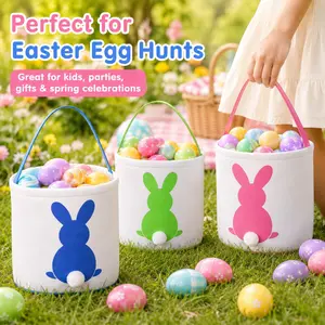 3 Pack Easter Bunny Baskets for Kids, 10" Canvas Egg Hunt Bags with Fluffy Tail, Reusable Tote Bucket for Party Decor, Candy & Gifts