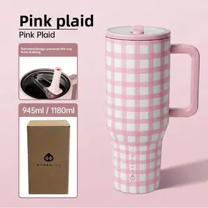 Hydrojug Pink Checkered Pattern Insulated Mug 40oz - Ideal for commuting, office work, outdoor activities, and school, keeping drinks hot or cold for a long time. Features a handle and leak-proof rubber base, making it a great Mother's Day gift.