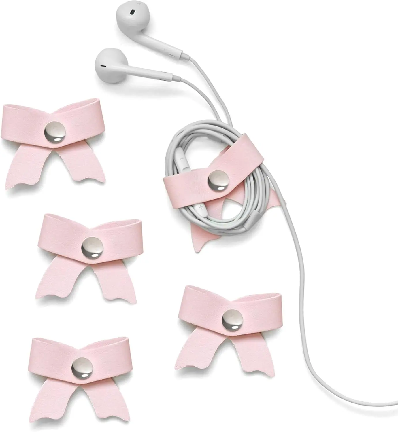 5 Pack Cord Organizer, Bow Cord Keeper, Cable Organizer USB holder, Leather Cable Management, Cable Straps, Earphone winder, Storage Straps for Electronics, Earbuds, Small, Pink