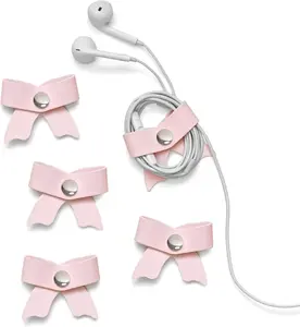 5 Pack Cord Organizer, Bow Cord Keeper, Cable Organizer USB holder, Leather Cable Management, Cable Straps, Earphone winder, Storage Straps for Electronics, Earbuds, Small, Pink