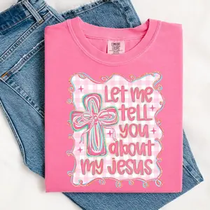 Comfort Colors Let Me Tell You About My Jesus Shirt, Christian Coquette Bow Tee, Retro Easter Stripes T-Shirt, Aesthetic Faith Graphic Top, Cute Religious Spring Shirt, Preppy Jesus Lover Gift, Vintage Worship Style Tee