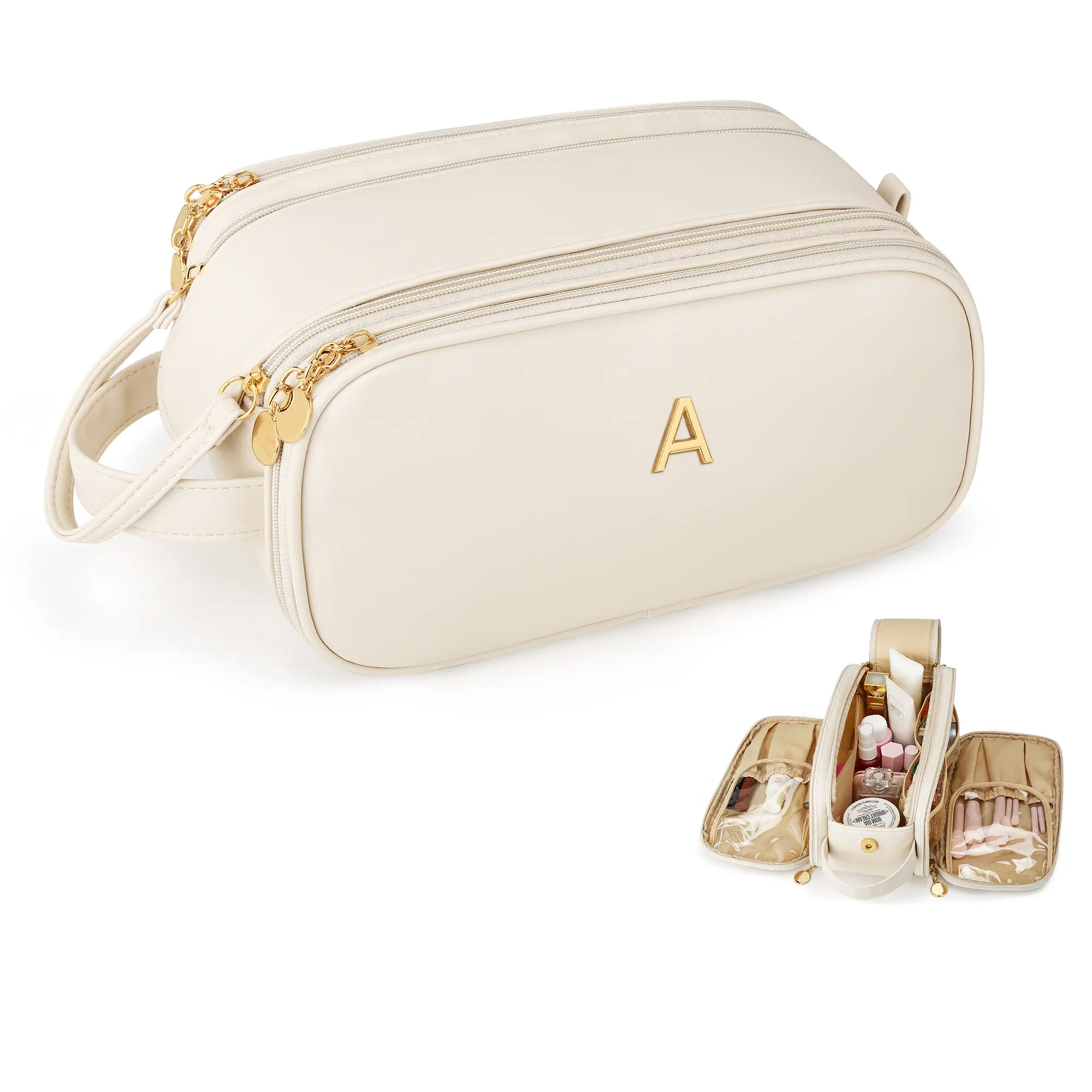 Gifts for Women Teen Girls Large Capacity Initial Travel Makeup Bag, 3-Compartment Cosmetic Organizer with Clear Brush Holders, Large Opening Waterproof Toiletry Bag