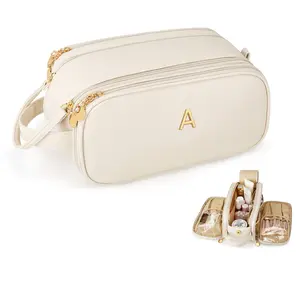 Gifts for Women Teen Girls Large Capacity Initial Travel Makeup Bag, 3-Compartment Cosmetic Organizer with Clear Brush Holders, Large Opening Waterproof Toiletry Bag