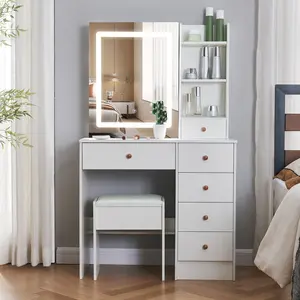 White Vanity Desk With LED Lighted Mirror Makeup Dressing Table with 6 Drawers shelfs Stool US