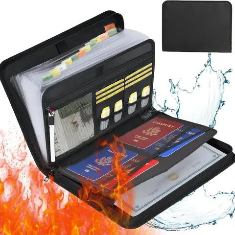 Fireproof File Folder with Handle - Synthetic Accordion Expanding Folder Organizer for Desk, Large-Capacity Office Supply, Paper Storage for Professionals, Includes Fireproof Labels, Office Supply Organizer