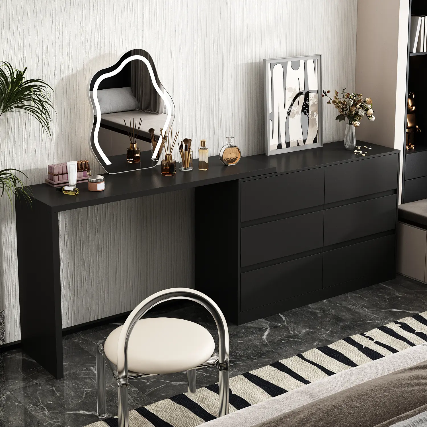 L-Shaped Vanity Desk with 6 Drawers, Extendable Makeup Table & Dresser Combo,  Wooden Dressing Table with Wide Desktop for Bedroom Room Furniture Storage  - TikTok Shop