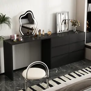 L-Shaped Vanity Desk with 6 Drawers, Extendable Makeup Table & Dresser Combo, Wooden Dressing Table with Wide Desktop for Bedroom Room Furniture Storage