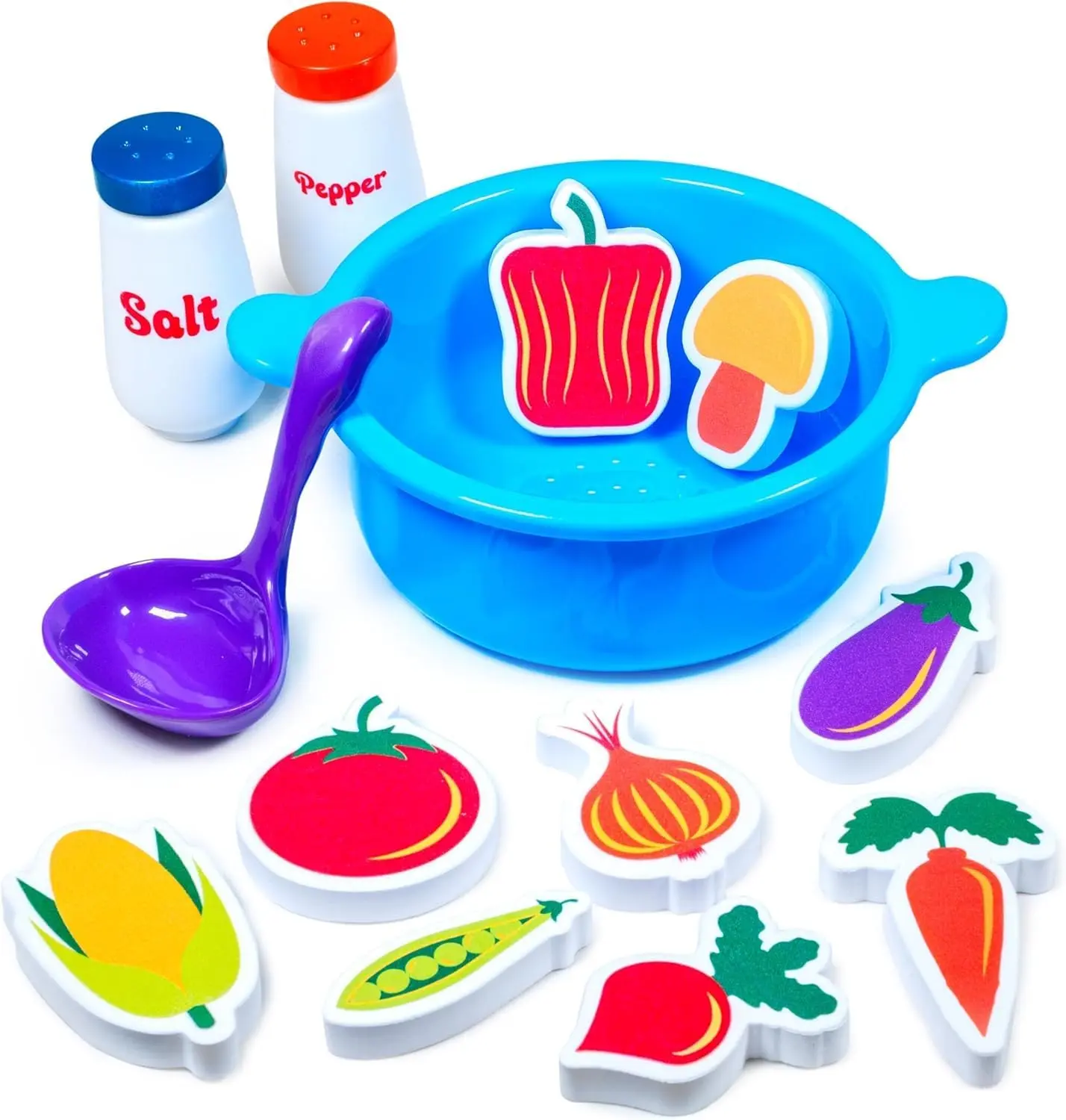 Tub Works Tub Soup Scoop Strain & Play Toddler Bath Toy Set with 13 Pieces Includes Ladle Salt Pepper Shakers & 9 Foam Vegetables for Imaginative Fun