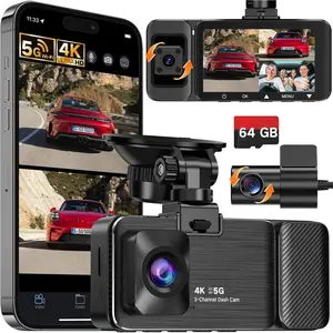 4K UHD 3  Dash Cam Front and Rear Inside, Free 64GB Card Included, 360? Wide-Angle Full-View Dash Camera for  with Night Vision, 24H Parking Mode, G-Sensor, Loop Recording, 5GHz WiFi