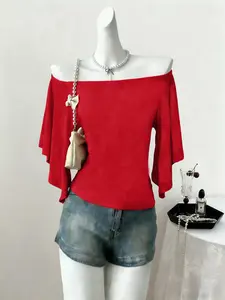 Women's Solid Color Off-Shoulder One Shoulder Flare Sleeve T-Shirt, Slim Fit Waist Cinching Casual Top for Daily Wear & Parties, Womenswear