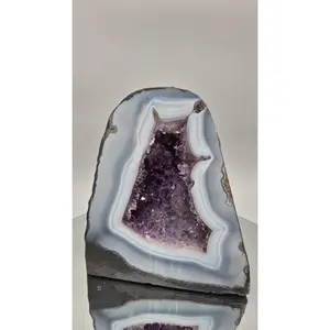 AAA+ Amethyst Cathedral with Blue Banded Agate - Brazilian Amethyst Geode - 6.81 lbs - 7 x 6in - Natural Crystal Display