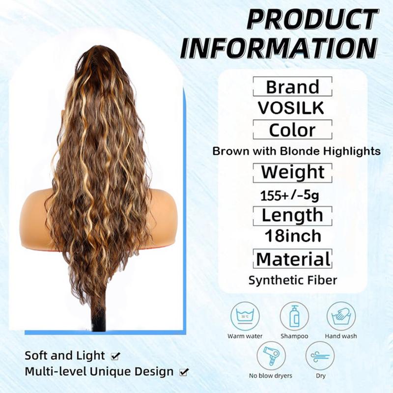 Curly Wavy Ponytail Extension 18 Inch Long Pony Tail Claw Clip Hair Extensions Fluffy Natural Looking Hair Piece Synthetic Hairpiece for Women Girls Party Daily Use Brown with Blonde Highlights Wave Wig Clip Hair Extensions