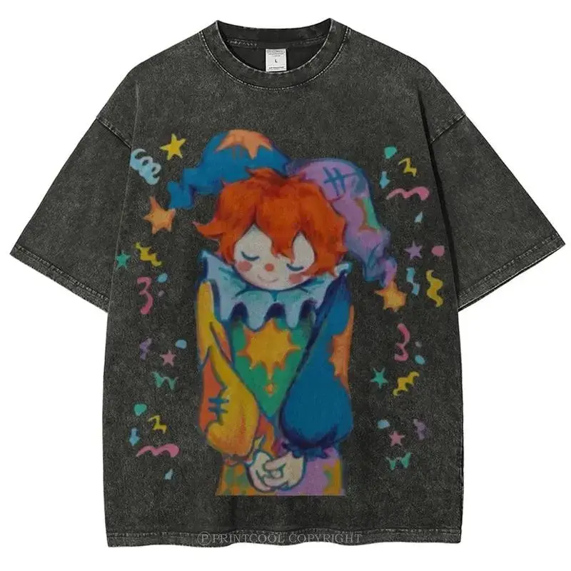 Vintage Distressed Acid Wash Graphic T-Shirt Cute Clown Jester Print Soft Oversized Unisex Tee Alt Indie Aesthetic Streetwear Funny Retro Shirts for Men Women Casual Y2K Top Daily Wear Weirdcore Fashion Short Sleeve Cool Trendy Clothing 2026 Hot