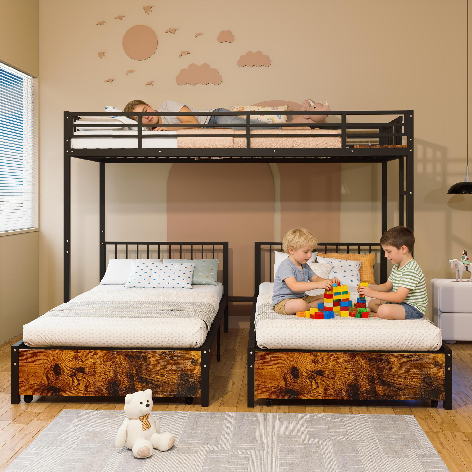 Triple Bunk Bed for 3 Kids, Metal Bunk Bed Frame with 2 Large Drawers and Charging Station, Metal Triple Bunk Beds, Separates Into 3 Twin Beds,Noise Reduced Structure, Black Triple Bunk Bed for 3 Kids, Metal Bunk Bed Frame with 2 Large Drawers and Charging Station, Metal Triple Bunk Beds, Separates Into 3 Twin Beds,Noise Reduced Structure, Black