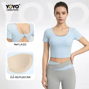 Sports T-shirt with back support and chest pads, solid color backless sports T-shirt for women, butterfly-shaped hollow back design, short-sleeved sports top for women for indoor and outdoor use.