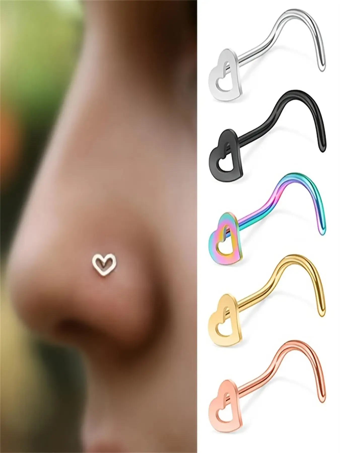 Cute Hollow out Heart Design Nose Ring As Gift for Couple, 5pcs Stainless Steel Nose Studs for Boyfriend & Girlfriend, Elegant All-match Fashion Exqui