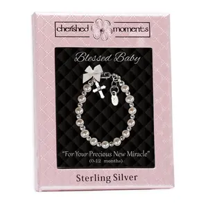 Sterling Silver Pearl Cross Baptism, Christening or Dedication Bracelet for Baby Girl